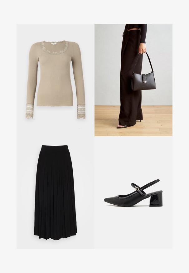 Beige Ripp-Longsleeve-Oberteil mit einem gewellten Ausschnitt und Spitzenakzenten an den Ärmeln. Der Stoff hat eine weiche Textur und eine figurbetonte Passform.; Schwarzer plissierter Rock mit breitem, dehnbarem Bund. Gefertigt aus weichem Stoff, mit vertikalen Falten für eine fließende Silhouette.; Schwarze Lackleder-Slingback-Absätze mit spitzer Zehenform, einem runden Ausschnitt-Design und einem Blockabsatz. Mit einem goldfarbenen Schnallenakzent.; Schwarze Handtasche mit strukturierter Form, glatter Textur und einem metallischen Verschluss. Kombiniert mit weiten schwarzen Hosen und offenen Sandalen auf einem Holzboden.