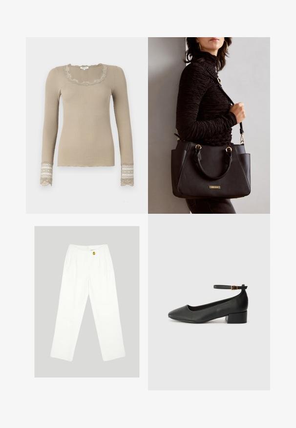 Beżowy, prążkowany top z długim rękawem, wykończony falbaniastym dekoltem oraz koronkowymi akcentami na mankietach. Materiał ma miękką teksturę i dopasowany krój.; Białe, szerokie spodnie z gładkiego materiału. Posiadają zapięcie na pojedynczy żółty guzik i plisowany przód. Brak widocznych kieszeni.; Czarne skórzane szpilki z ostrym noskiem i niskim słupkowym obcasem. Wyposażone w pasek na kostkę z złotym zapięciem. Gładka tekstura.; Czarna torebka z teksturowanej powierzchni, podwójnymi uchwytami na górze i regulowanym paskiem na ramię. Posiada złote okucia i boczne kieszenie.