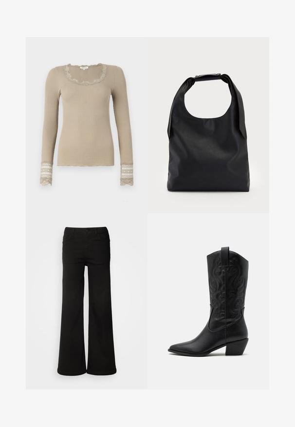 Beige Ripp-Longsleeve-Oberteil mit einem gewellten Ausschnitt und Spitzenakzenten an den Ärmeln. Der Stoff hat eine weiche Textur und eine figurbetonte Passform.; Schwarze, weit geschnittene Jeanshose aus Denim, mit vorderen Taschen, Knopfverschluss und einer glatten Textur mit sauberem Finish.; Schwarze Leder-Cowboy-Stiefel mit spitzem Zeh, geprägten, wirbelnden Mustern und einem mittelhohen Absatz. Mit einem Zuglasche für einfaches An- und Ausziehen.; Schwarze Leder-Hobo-Tasche mit einem einzelnen, weichen, abgerundeten Griff; verfügt über eine glatte Textur und ein minimalistisches Design. Keine sichtbaren Beschläge oder Akzente.