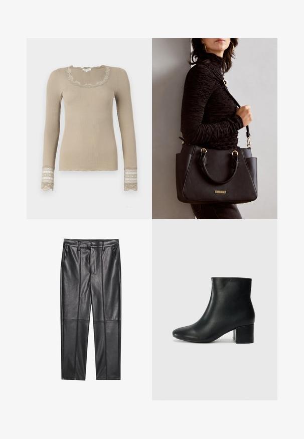 Beige ribbed long-sleeve top with a scalloped neckline and lace accents on the cuffs. The fabric has a soft texture and fitted shape.; Black leather trousers with a smooth texture, featuring a straight fit, two front pockets, and visible seam detailing.; Black leather ankle boots with a pointed toe and a chunky heel. Smooth texture with minimal accents and a sleek, fitted design.; Black handbag with textured surface, dual top handles, and adjustable shoulder strap. Features gold-tone hardware and side pockets.