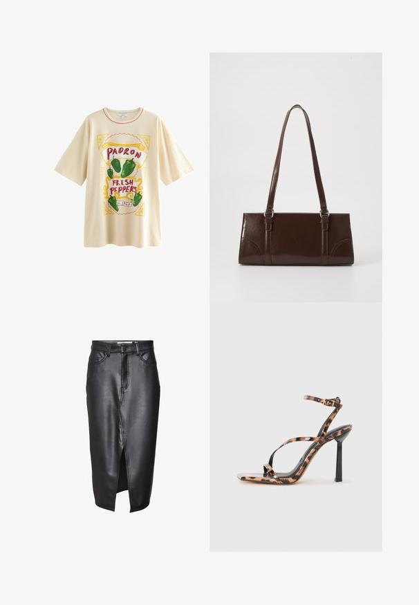 Next FUN GRAPHIC OVERSIZED SHORT SLEEVE CREW NECK - Trükipildiga T-särk - ecru stone padron peppers; Mustmustelane särk, millel on sujuv ülemine osa ja pitsäär floralise mustriga. Krae on struktureeritud ning esiüles on pärli-taolised nööbid.; Musträhe nahkseelik keskmise pikkusega, ees lõhiku, klassikaliste vööluudade ja õmblustel tikanditega.; Rihma kõrgustega sandaalid ruudukujulise varbaga, millel on leopardimustriga prindid pruunide ja mustade toonidega läikivas viimistluses.; Pruun läikiv naha käekott, millel on ristkülikuline kuju, kaks pikka käepidet ja esipaneelil peened kõverad aktsendid.