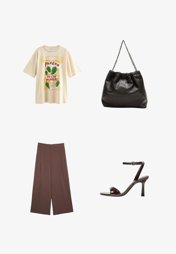 Next FUN GRAPHIC OVERSIZED SHORT SLEEVE CREW NECK - T-shirt con stampa - ecru stone padron peppers; Pantaloni ampi marroni con una texture liscia, caratterizzati da una vita alta e pieghe frontali. Il tessuto è leggero e scorre liberamente.; Sandalini con tacco alto in pelle verniciata marrone, con cinturino alla caviglia, punta aperta e un design elegante e minimalista. Presentano un tacco quadrato.; Borsa in pelle marrone con parte superiore arricciata e tracolla a catena. Texture liscia con finitura lucida e dettagli di cucitura sottili sui lati.