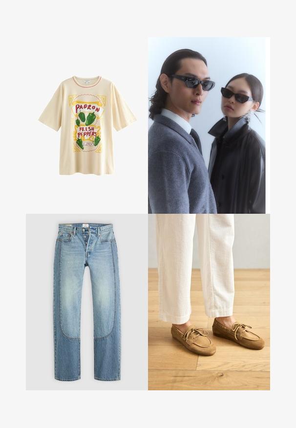 Next FUN GRAPHIC OVERSIZED SHORT SLEEVE CREW NECK - T-shirt print - ecru stone padron peppers; Lichtblauwe denim jeans met een rechte, losse pasvorm, voorzien van contrasterende paneeldetails en een vijf-pocket ontwerp. Knopen vloogsluiting.; Bruine suède bootschoenen met veters, met een ronde neus en gestikte accenten. G gecombineerd met witte corduroy broek in een houten omgeving.; Zonnebril met hoekige zwarte frames op een model in een grijs sweater, waarin een gestructureerde brei te zien is, en een zwart leren jack gedragen door een ander model.; Zwarte leren handtas met een gebogen vorm, gouden studs langs de rand, een verstelbare schouderband en een zijlus voor extra detail.