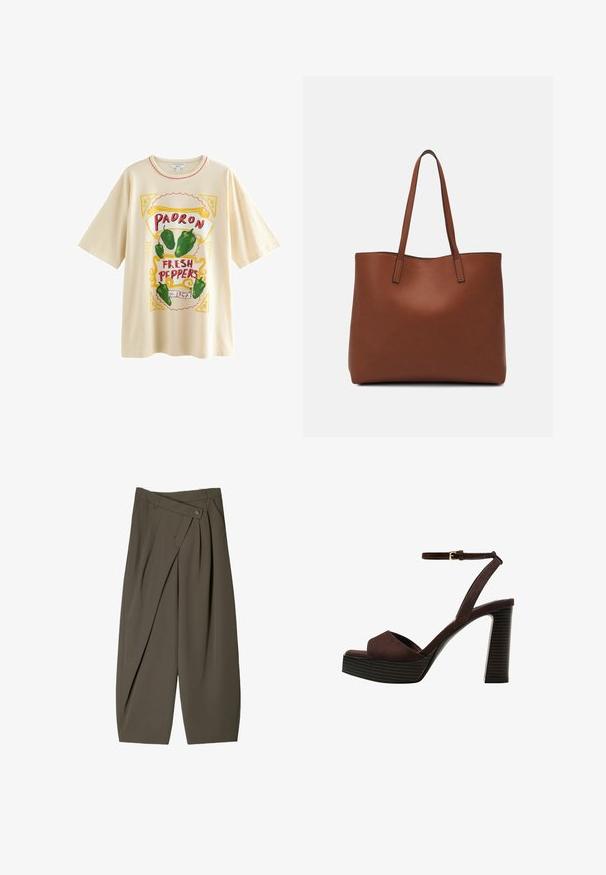 Next FUN GRAPHIC OVERSIZED SHORT SLEEVE CREW NECK - Tricou cu imprimeu - ecru stone padron peppers; Pantaloni cu croi larg dintr-un material verde măsliniu închis, cu un design pliat în față, închidere cu nasture și o suprafață lustruită și texturată.; Sandal cu toc înalt din suede maro, cu vârf deschis, curea ajustabilă la gleznă și talpă cu dungi.; Geantă de umăr din piele maro cu o textură netedă, design cu vârf deschis și două curele pentru umăr. Prezintă cusături minime și fără componente metalice vizibile.