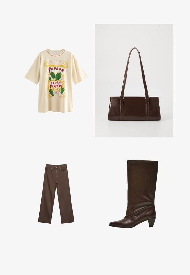 Next FUN GRAPHIC OVERSIZED SHORT SLEEVE CREW NECK - T-Shirt print - ecru stone padron peppers; Weite braune Jeans aus Denim, mit hoher Taille, Fronttaschen und klassischem Knopfverschluss. Glatte Textur mit feinen Nähten.; Dunkelbraune Lederstiefel bis zur Mitte der Wade mit niedrigem Blockabsatz, spitzem Schuh sowie leicht schlaffem Schaft vor einem weißen Hintergrund.; Braune Lackleder-Handtasche in rechteckiger Form, mit zwei langen Griffen und subtilen, geschwungenen Akzenten auf der Vorderseite.