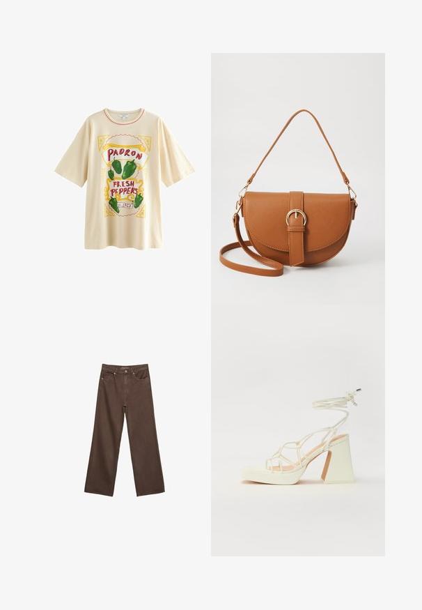 Next FUN GRAPHIC OVERSIZED SHORT SLEEVE CREW NECK - Triko s potiskem - ecru stone padron peppers; Hnědé džíny s širokými nohavicemi vyrobené z denimu, s vysokým pasem, předními kapsami a klasickým zapínáním na knoflík. Hladká textura s jemným švem.; Bílé sandály na vysokém podpatku s robustním podpatkem, s designem s pásky a zavazováním kolem kotníku. Hladký povrch s platformou vpředu pro zvýšení výšky.; Hnědá kožená křížová taška s zakřiveným tvarem, zlatými detaily a akcentem s přezkou. Obsahuje odnímatelný popruh na rameno.