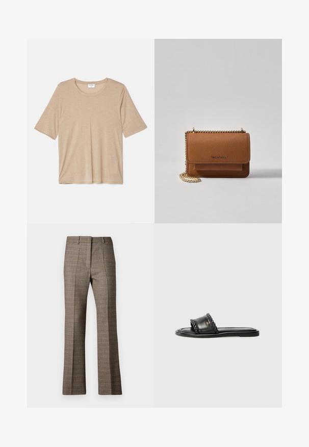 Filippa K ELENA TEE - Print T-shirt - sandstone; Brown plaid trousers with a straight leg cut, featuring a textured fabric and subtle colors of beige and darker browns throughout the pattern.; Black leather sandal with a woven strap detail, flat sole, and a sleek design. Smooth texture and minimalistic profile.; Brown textured leather crossbody bag with gold chain strap and flap closure. Front features logo detail and a pocket under the flap.