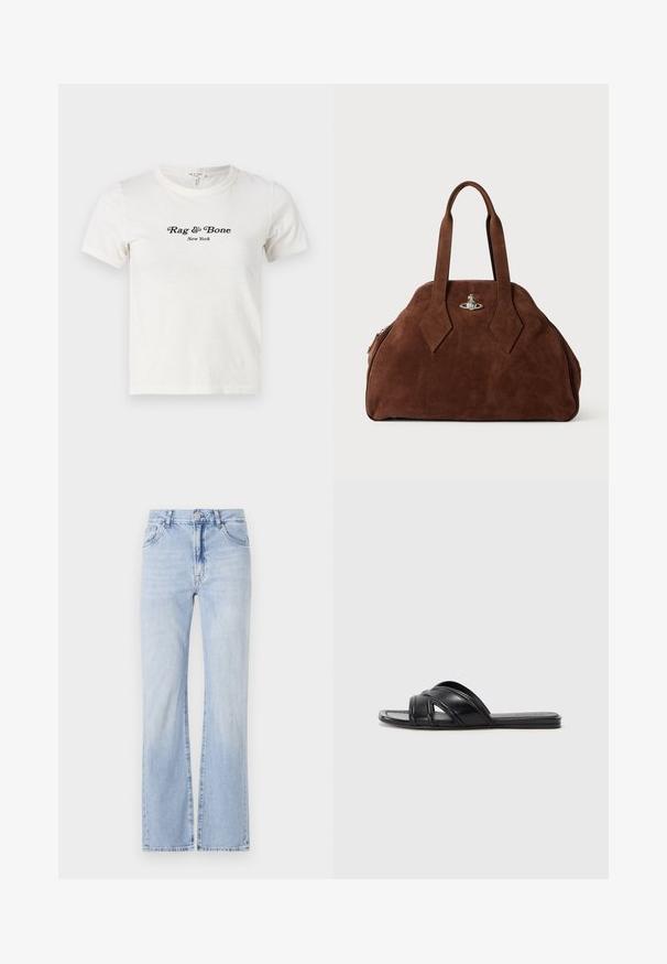 Witte katoenen t-shirt met korte mouwen en een ronde hals, met zwarte tekst "Rag & Bone New York" gedrukt op de voorkant.; Lichtblauwe denim flared jeans met vijf zakken, riemlussen en een knoopsluiting. Zachte textuur met subtiele vervaging.; Zwarte slide sandalen met een gladde leren afwerking, voorzien van kruislings straps en uitsnijdingen, en een platte, flexibele zool.; Bruine suède handtas met een gestructureerde vorm, ronde body en verlengde ruitvormige handvatten. Voorzien van een sluiting met zilveren hardware.