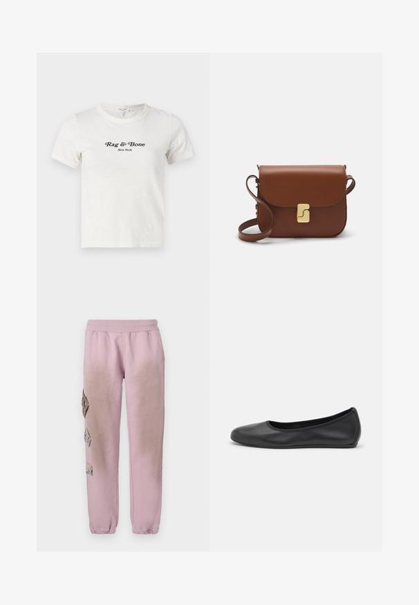 Bílá bavlněná tričko s krátkým rukávem a kulatým výstřihem, na přední straně s černým nápisem "Rag & Bone New York".; Růžové tepláky s elastickým pasem, které mají dekorativní nášivky ve tvaru diamantů na levé straně a elastické manžety u kotníků.; Černé kožené baletní byty s kulatou špičkou, hladkou texturou, minimálními švy a flexibilním designem podrážky.; Hnědá kožená kabelka s klopou, zlatými kovovými detaily, ramenním popruhem a hladkým povrchem. Kompaktní obdélníkový tvar.
