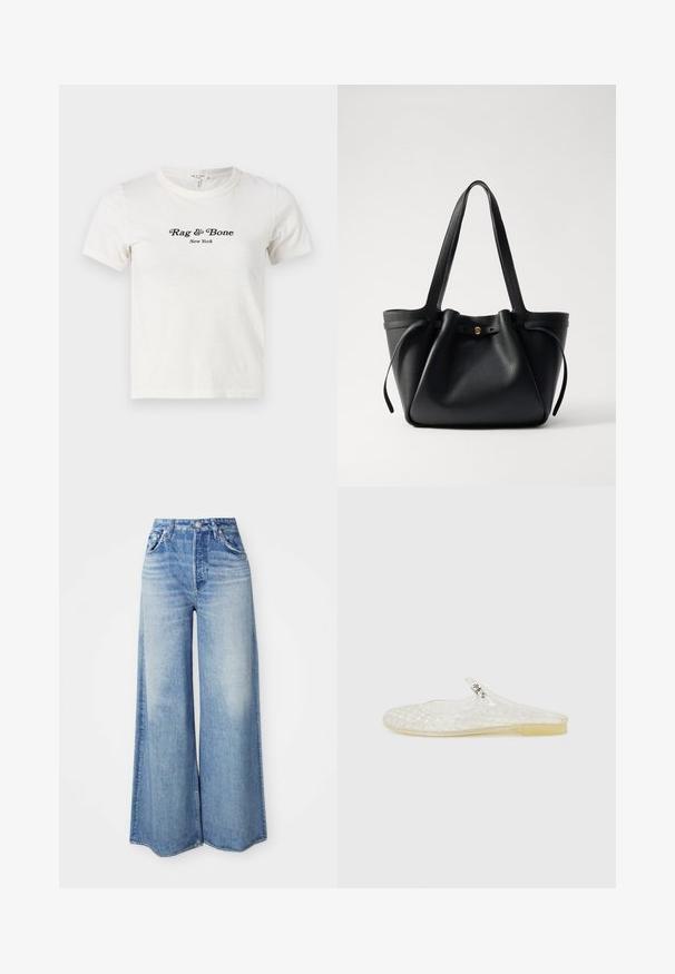 Weißes Baumwoll-T-Shirt mit kurzen Ärmeln und Rundhalsausschnitt, auf der Vorderseite mit schwarzem Text "Rag & Bone New York" bedruckt.; Helle blaue Jeans mit weitem Bein, hoher Taille, fünf Taschen, faded Waschung und ausgefranstem Saum.; Transparenter Kunststoff-Schlupfschuh mit einem Gittermuster, runder Zehenpartie und einem kleinen silbernen Akzent an dem Riemen. Flexibler, durchsichtiger Sohlen. ; Schwarze Leder-Tote mit zwei langen Tragegriffen, einem gerafften oberen Teil und einem goldenen runden Akzent. Glatte Textur mit minimalistischem Design.