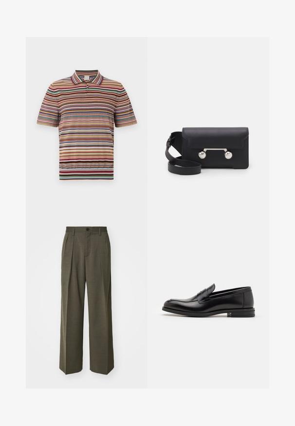 Paul Smith - Koszulka polo; Filippa K - Spodnie materiałowe; Czarne skórzane mokasyny o gładkiej fakturze, zaokrąglonym nosku i dekoracyjnym pasku na przodzie. Niski, warstwowy obcas, minimalistyczny design.; Czarna skórzana torba na ramię z klapką, z metalowymi elementami w srebrnym kolorze i dwoma okrągłymi akcentami. Posiada odczepiany pasek. Gładka faktura.