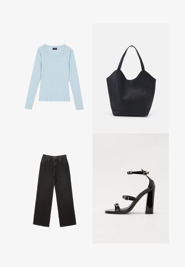 Svetlomodrý dlhý rukáv, ribbový top s okrúhlym výstrihom a priliehavým strihom. Mäkká textúra so subtílnym vzorom bežiacim vertikálne.; Čierne široké džínsy vyrobené z denimu, s malými bodkovanými vzormi, klasickým dizajnom s piatimi vreckami a zapínaním na gombík a zips.; Čierne lakované sandále na podpätku so štvorcovou špičkou, navlečenými remienkami okolo členku a striebornými prackami. Disponujú masívnym blokovým podpätkom pre stabilitu.; Čierna taška s dlhým uchom vyrobená z hladkej kože, s oblým otvoreným vrchom a dvoma ramennými popruhmi, minimalistického dizajnu.