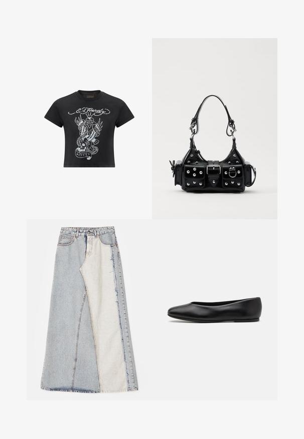 Black cropped t-shirt made of cotton, featuring a grey graphic design with a skull, snake, and wings, labeled "New York City."; Denim skirt featuring a patchwork design with light and medium blue sections, frayed hems, and a high waist. Classic five-pocket style.; Paul Smith TOPANGA - Ballet pumps - black; Black leather handbag with a curved design, featuring silver studs, a buckle, and two side pockets. Adjustable strap for carrying options.