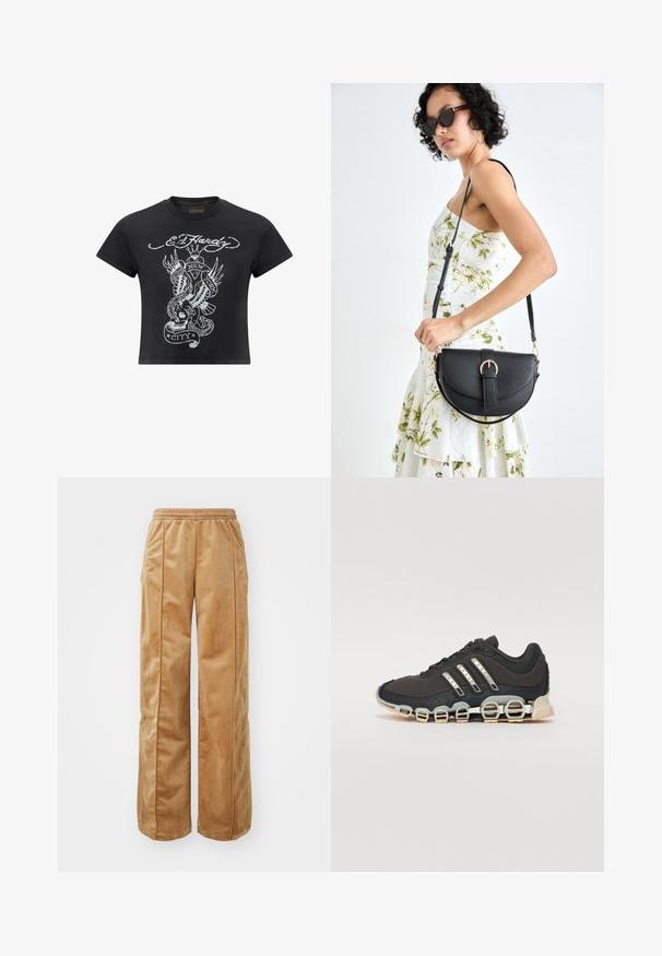 Camiseta negra cortada de algodón, con un diseño gráfico en gris que presenta una calavera, una serpiente y alas, etiquetada como "Nueva York".; Pantalones de pierna ancha en tono beige, fabricados con un material suave y aterciopelado. Cuentan con una cinturilla elástica y costuras verticales en la parte delantera para un detalle adicional.; Zapatilla deportiva negra con parte superior texturizada, tres rayas plateadas y una suela de amortiguación distintiva que presenta múltiples secciones integradas.; Bolso de piel negra con forma curva, correa desmontable y herrajes dorados. El bolso cuenta con una solapa con un detalle de hebilla.