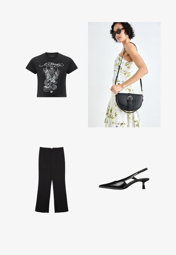 Svart kortärmad t-shirt i bomull, med en grå grafisk design som föreställer en dödskalle, en orm och vingar, med påskriften "New York City."; Svarta byxor med rak passform, utrustade med framfickor och sidoklyvningar vid fållen. Tillverkade av mjukt, slätt tyg. Lämpliga för olika tillfällen.; Svart lackläder slingback-klackar med spetsig tå, utskuren sidor och en liten fyrkantig klack. Slät textur med minimala accenter.; Svart läderhandväska med en böjd form, avtagbar rem och guldiga detaljer. Väskan har ett lock med en spänndetalj.