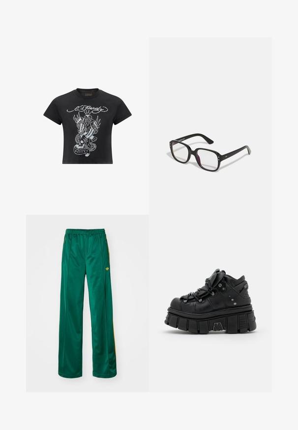 Schwarzes, gekürztes T-Shirt aus Baumwolle, mit einem grauen Grafikdesign, das einen Schädel, eine Schlange und Flügel zeigt, beschriftet mit "New York City".; Grüne satinierte Sporthosen mit entspannter Passform, mit gelben Streifenakzenten und einem gestickten Logo auf der linken Seite. Elastischer Bund.; Schwarze klobige Plattform-Sneaker mit runder Zehenpartie, strukturiertem Lederobermaterial, gepolsterter Zunge und metallischen Akzenten; dicke, geriffelte Sohlenkonstruktion.; Schwarze rechteckige Brille mit klaren Gläsern, abgerundeten Kanten und seitlichen Akzenten, mit glänzender Oberfläche des Rahmens und der Bügel.