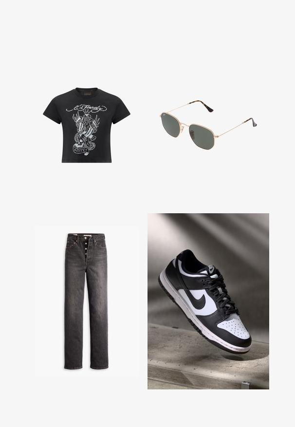 Sort cropped t-shirt lavet af bomuld, med et gråt grafisk design, der viser et kranium, en slange og vinger, mærket "New York City."; Sorte højtaljede jeans med lige ben-design, lavet af denim. Features en knaplukning, kobberdetaljer og kontrastsyninger.; Sorthvid Nike Dunk Low sneakers med læderoverdel, perforeret tåboks og sorte snørebånd, udstyret med en hvid sål og logo accenter.; Guldmetallisk brille med mørkegrønne linser, aviator-stil, med slanke arme og skildpadde-mønstrede detaljer på spidserne.; Sort tote bag med geometrisk mønster, lavet af tekstureret materiale. Har robuste håndtag og et mærke, samt en struktureret form.