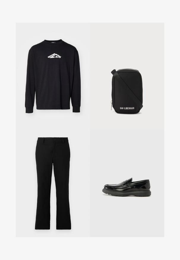 Schwarzes langärmliges T-Shirt aus Baumwolle mit einem weißen Logo auf der Brust. Klassischer Rundhalsausschnitt und gerippte Bündchen.; Schwarze, weit geschnittene Hosen aus einem Baumwollgemisch, mit einem Knopfverschluss, Gürtelschlaufen und einer glatten Textur ohne sichtbare Muster.; Schwarze Lederloafer mit glanzendem Finish, abgerundetem Zehenbereich, subtilen Steppnähten und einer dicken Gummisohle für Langlebigkeit.; Schwarze Tasche mit rechteckiger Form, aus glattem Material. Verfügt über einen oberen Reißverschluss, einen verstellbaren Riemen und weißen Text: "HAN KJØBENHAVN."