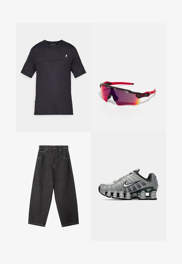 Peak Performance TRAIL - Tricou cu imprimeu - black; Pantaloni largi din denim negru cu cusături galbene, design cu cinci buzunare și talie medie. Material texturat cu o finisare netedă.; Adidas de alergare gri și negru, cu amortizare vizibilă sub talpă, asemănătoare unui arc, și un logo swoosh alb pe lateral.; Oakley RADAR PATH UNISEX - Ochelari de soare - 100t matte black