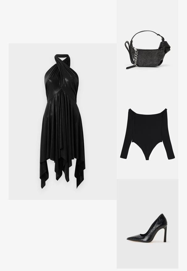 Schwarzer langärmeliger Bodysuit mit schulterfreiem Ausschnitt, glatter Textur und hohem Beinausschnitt mit seitlichen Raffungen.; Schwarzes Halsbandkleid mit einem drapierten Design. Hergestellt aus glänzendem Material, mit einem verdrehten Ausschnitt und asymmetrischem Saum. Glatte Textur.; Schwarzer, spitz zulaufender High Heel mit Krokodilleder-Struktur, elegantem Design, hohem Stiletto-Absatz und glattem schwarzen Innenraum.; Schwarze Handtasche mit texturiertem Design, verziert mit silbernen Nieten und einem klobigen silbernen Kettenriemen. Besitzt eine elegante, minimalistische Form.