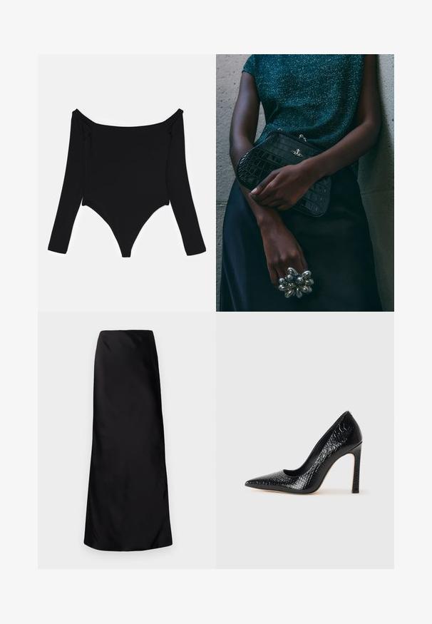 Fekete, hosszú ujjú body, vállról lelógó nyakkivágással, sima felülettel és oldalsó redőzéssel ellátott, magasan szabott láb kialakítással.; Norma Kamali BIAS OBIE SKIRT - Maxi szoknya - black; Fekete hegyes orrú magassarkú cipő krokodilbőr textúrával, letisztult dizájnnal, magas tűsarkú és sima fekete belső résszel.; Fekete krokodilbőr mintázatú válltáska ezüst hardware-rel, egy texturált szürke háttér előtt tartva. Fényes felülettel rendelkezik.