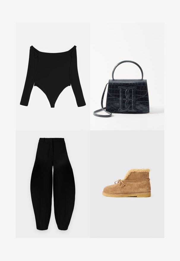 Czarny bodysuit z długimi rękawami, z dekoltem typu off-the-shoulder, gładką teksturą i wysokim cięciem nogawki z bocznymi marszczeniami.; Czarne spodnie o szerokich nogawkach z wysokim stanem, z plisowanym przodem i zwężanymi kostkami. Wykonane z gładkiego materiału o matowym wykończeniu.; Brązowy zamszowy botek sięgający kostki z podszewką z futra, detal sznurowania z przodu i płaska gumowa podeszwa na białym tle.; Czarna torebka z tłoczonej skóry krokodyla o zorganizowanej konstrukcji, z górnym uchwytem, regulowanym paskiem i wyraźnym detalem z logo z przodu.
