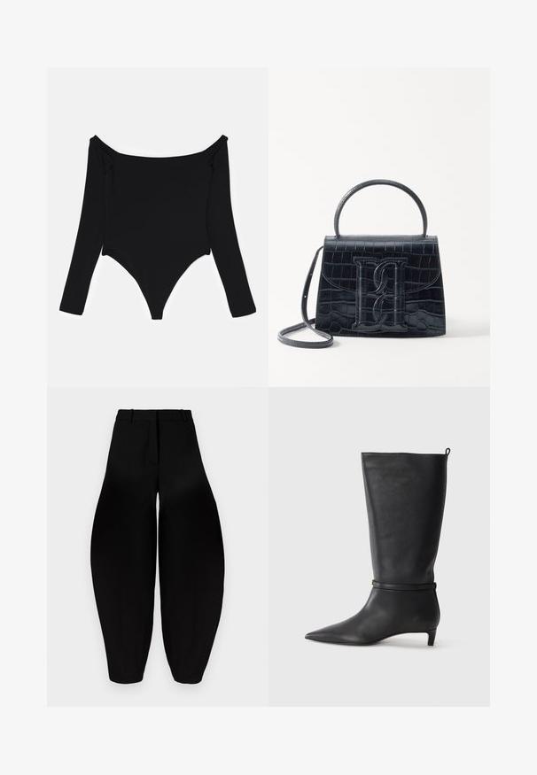 Body preto de manga longa com decote à mostra dos ombros, textura suave e design de perna alta com detalhes de franzido lateral.; Calças largas pretas com uma cintura alta, frente plissada e tornozelos afunilados. Feitas de um tecido suave com um acabamento mate.; Bota preta de couro até ao joelho com bico fino, realçada por uma tira circular ao redor do tornozelo e um salto baixo e afunilado. Textura suave.; Bolsa de pele preta com estampa de crocodilo, de design estruturado, com alça de mão, correia ajustável e um detalhe de logotipo em destaque na frente.