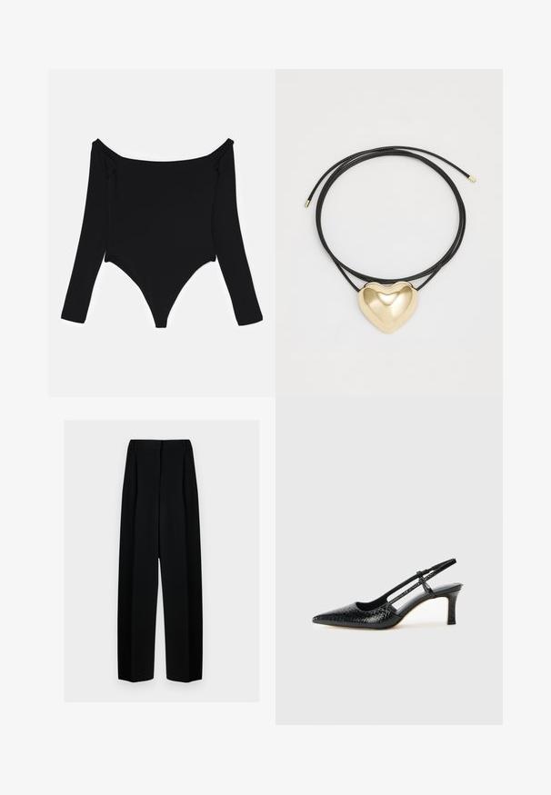 Black long-sleeve bodysuit featuring an off-the-shoulder neckline, smooth texture, and a high-cut leg design with side ruching details.; Black wide-leg trousers with a high waist, featuring pleats and a smooth texture. The fabric appears lightweight and drapes elegantly.; Black patent slingback heel with a pointed toe, featuring textured snake print, adjustable strap, and a short, textured block heel.; Black braided cord necklace featuring a polished gold heart pendant with smooth curves and a glossy finish.