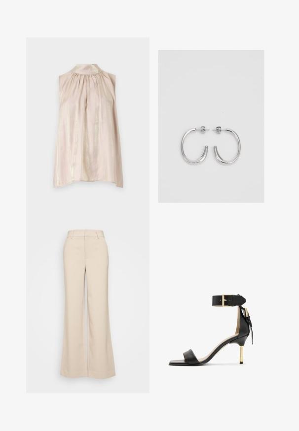 Ujjatlan blúz puha rózsaszín anyagból, finom fénylással, magas gallérral és a nyaknál ráncolt részletekkel a lágy vonalvezetés érdekében.; Beige, bő szárú nadrág sima textúrával, magas derékkal és két elülső zsebbel. Tiszta dizájn, elegáns szabású.; Fekete bőr sarkú szandál négyzet alakú orral, boka pánttal, arany csattal, és vékony fém sarkal. Simább textúra, minimalista dizájn.; Ezüst karika fülbevalók sima, fényes felülettel. Lekerekített forma, könnyű kialakítással, tűs zárómechanizmussal.