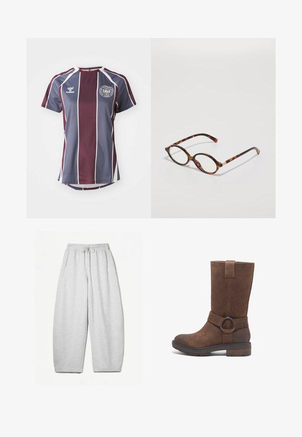 Maroon ja siniseksi raidallinen urheilupaita lyhyillä hihoilla. Siinä on pyöristetty pääntie, valkoiset korostukset ja pyöreä logo rinnassa.; Harmaat rentosäärystimet, joissa on rento istuvuus, joustava vyötärö, nyöri ja sivutaskut; valmistettu pehmeästä, teksturoidusta kankaasta.; Ruskean mokkanahkainen pitkä saapas, jossa on pyöreä varvas, tasapohja ja koristeellinen hihna, joka sisältää pyöreän metallirenkaan korosteen.; Kaukoputkiset silmälasit, joissa on soikeat kehykset, kirkkaat linssit ja kultaiset yksityiskohdat. Varustettu kaarevilla templeillä ja sileällä, kiiltävällä pinnalla.; Hopehope hopehope hopehope hopehope hopehope, joka on sileä ja kiillotettu pinta ja ohut, pyöreä muoto. Muotoilu sisältää turvallisen lukituksen.