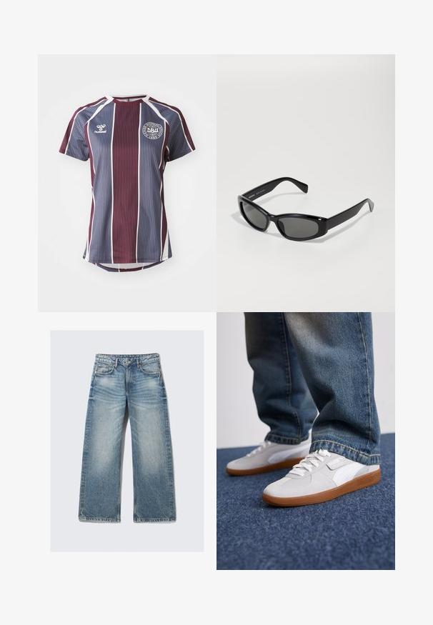 Burgunderfarget og blåstripete sportsdrakt med korte ermer. Har rund hals, hvite detaljer og et rundt logo på brystet.; Lyseblå vide jeans laget av denim, med høy midje, fem lommer og en falmet vask med subtilt whiskering-effekt.; Puma PALERMO UNISEX - Joggesko - white/cool light gray/gold; Sorte solbriller med en slank, rektangulær ramme, gråtonede linser, glatt plastoverflate og buede armer. Ingen synlig merking.