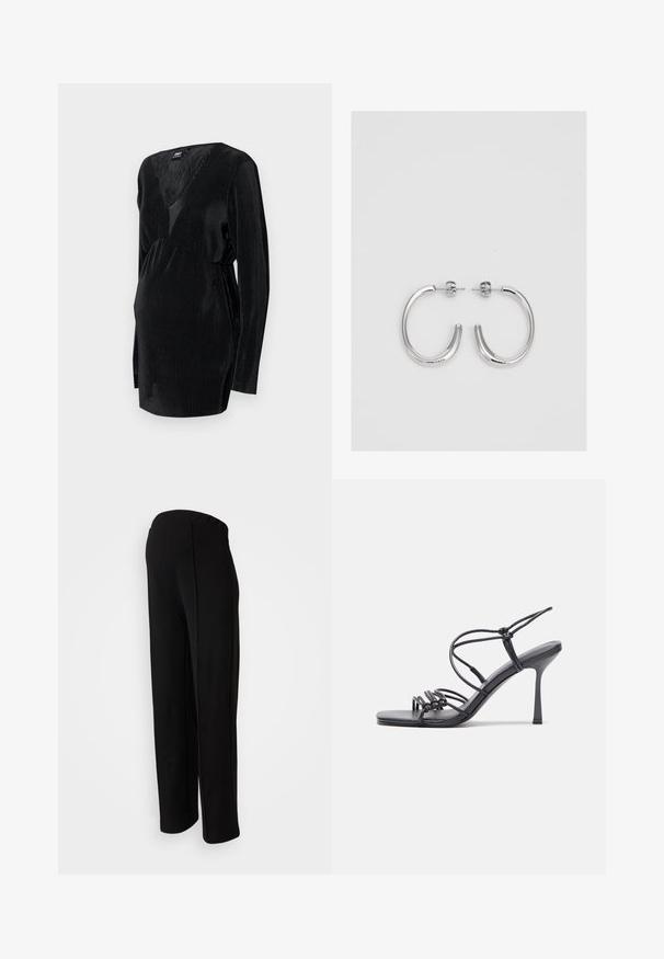 Melns, garām piedurknēm grūtniecības tops ar ribota tekstūra, ar dziļu V veida kakla izgriezumu un savilkta vidukļa dizainu komfortablai piegulšanai.; Melni augstās jostas bikses ar taisnu piegriezumu, kurām ir gluda tekstūra un nav redzamu aizdaru, izceļoties ar sānu šuvju detaļām.; Melnas augstpapēžu sandales ar plāniem siksniņām un mezgla dizainu, gluda kvadrātveida purngalu un elegantu stiletto papēdi.; Sudraba riņķveida auskari ar gludu, spīdīgu apdari. Apaļas formas, viegla dizaina, ar aizdari uz stieples.