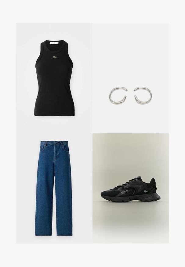 Fekete ujjatlan bordázott trikó, kerek nyakkal, és a nyakvonal alatt középen elhelyezett kis zöld Lacoste krokodil logóval.; Sötétkék, bő szárú farmernadrág. Magas derék dizájn, övhurkokkal és elülső zsebekkel. Sima textúra és klasszikus öt zsebes stílus.; Fekete sportcipő, hálós és szintetikus anyagokból, textúrával ellátott kiegészítők, fűzős kialakítás és feltűnő logó az oldalon.; Ezüst gyűrű fülbevalók sima, lekerekített formával és fényes, polírozott felülettel. Minimalista alakjukkal és enyhe nyitással rendelkeznek.
