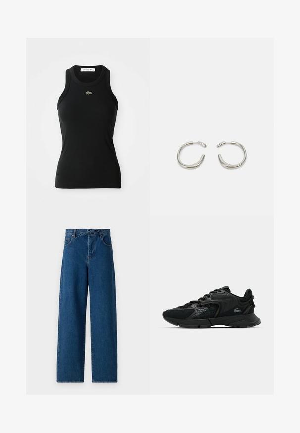 Svart ermeløs ribbet tanktopp med rund hals og liten grønn Lacoste krokodillelogo sentrert under halslinjen.; Bredde ben denim jeans i mørkeblå. Høy midje design med beltehemper og frontlommer. Glatt tekstur og klassisk fem-lomme stil.; Svarte treningssko med mesh-overdel, teksturerte detaljer og snøring. Har en polstret krage og gummisåle for grep og holdbarhet.; Sølv hoop øredobber med en glatt, avrundet design og en elegant, polert finish. Har en minimalistsk form med en liten åpning.
