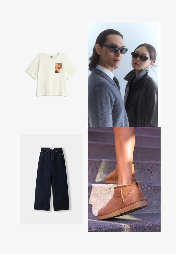 White short-sleeve t-shirt made of cotton with a chest print of a hand holding a heart-shaped fruit against a light background.; Dark blue denim wide-leg jeans with a high waist, five pockets, contrast stitching, and silver metal hardware. Smooth texture and clean finish.; Tan suede ankle boots with a soft texture, stitched detailing, and a rubber sole, featuring a looped heel for easy wear.; Sunglasses with angular black frames on model with a gray sweater, showcasing textured knit and a black leather jacket worn by another model.