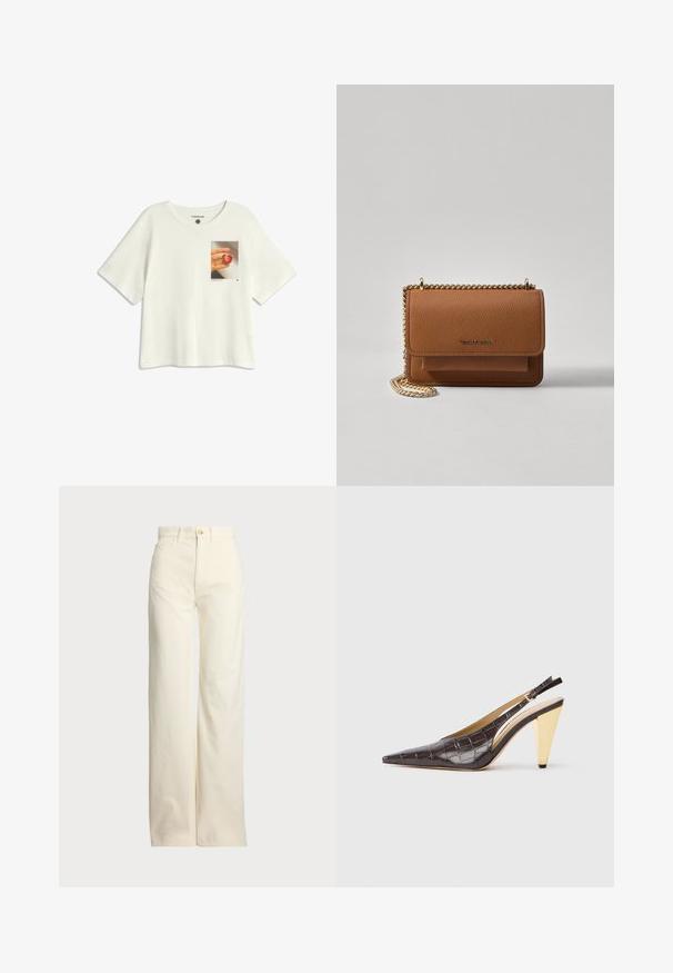 T-shirt blanche à manches courtes en coton avec un imprimé sur la poitrine d'une main tenant un fruit en forme de cœur sur un fond clair.; Polo Ralph Lauren COTTON CORDUROY WIDE-LEG PANT - Pantalon classique - warm white; Talons slingback à bout pointu en simili cuir crocodile marron foncé brillant. Présente un talon géométrique doré et une sangle ajustable à la cheville.; Sac en cuir texturé marron en bandoulière avec une sangle en chaîne dorée et une fermeture à rabat. L'avant présente un détail de logo et une poche sous le rabat.