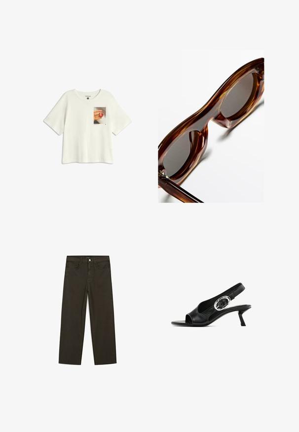Hvid kortærmet t-shirt lavet af bomuld med et tryk på brystet af en hånd, der holder en hjerteformet frugt mod en lys baggrund.; Mørkegrønne brede jeans lavet af en bomuldsblanding, med en frontlukning med knap, fem lommer og klassisk denim-syning.; Sorte læderslynge sko med åben tå, med et sølvfarvet oval spænde på remmen og en slank kitten hæl. Glat tekstur.; Brune skildpaddesolbriller med runde stel, mørke linser og en glansfuld overflade, der fremviser tykke, bølgende arme og minimalt hardware.; Brun ruskind skuldertaske med åben top. Har en dyb, bred form, udskåret håndtag og minimal syning for et rent design.