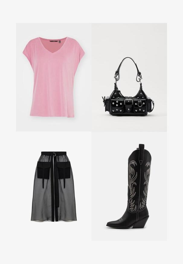 Vero Moda VMFILLI - T-shirt - bas - mesa rose; Svart genomskinlig kjol med en rynkad midja, utrustad med två stora framfickor, ett midjesnöre och en cirkulär metallaccent.; Svarta lädercowboystövlar med spetsiga tår, kilklackar och silverbroderade blommönster längs skaftet. Kontraststickning genom hela stöveln.; Svart läderhandväska med en kurvad design, prydd med silverfärgade nitar, ett spänne och två sidofickor. Justerbar rem för olika bäralternativ.