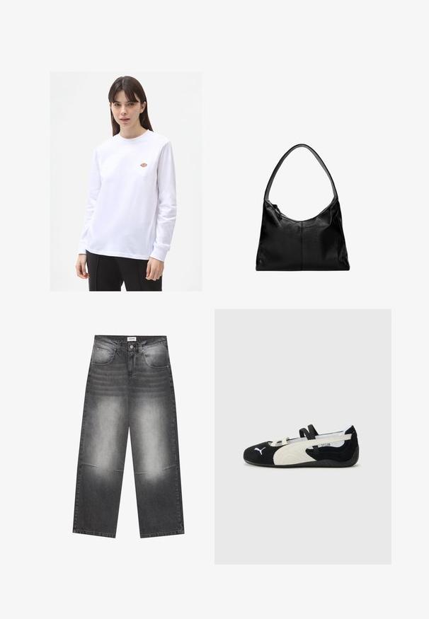 Bílý dlouhý rukáv tričko vyrobené z bavlny. Má malé barevné logo na hrudi, kulatý výstřih a volnější střih.; Široké černé džíny z denimu s vybledlým šedým povrchem, s předními kapsami, zapínáním na knoflík a mírným poškozením na kolenou.; Černá a krémová ultralehká bota s nubukovým svrškem, plochou podrážkou, elastickými popruhy a malým logem na špičce.; Černá kožená kabelka na rameno s hladkým povrchem, zakřiveným vrškem a jedním popruhem. Disponuje zipovým zavíráním a minimalistickým designem.