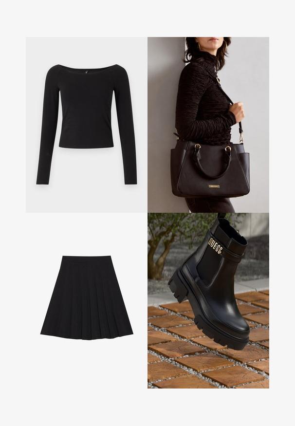 Čierna blúzka s dlhým rukávom a lodičkovým výstrihom, priliehavý strih a mäkký bavlnený materiál, bez viditeľných vzorov alebo kovania.; Čierna plisovaná sukňa vyrobená z textúrovanej látky s priliehavým pásom. Padá do dĺžky po kolená a má hladký, čistý siluetu.; Čierne kožené členkové topánky s masívnou gumovou podrážkou, elastickými bočnými panelmi a zlatým akcentom s logom "GUESS".; Čierna kabelka s textúrovaným povrchom, dvojitými hornými rúčkami a nastaviteľným ramenným popruhom. Obsahuje zlaté kovanie a bočné vrecká.