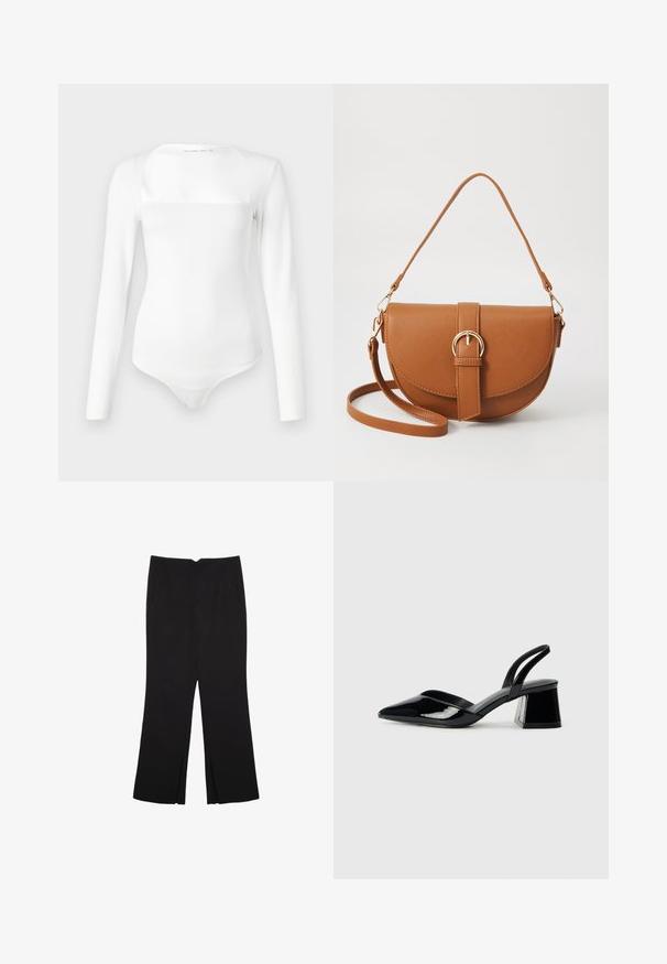 Biely body s dlhým rukávom a štvorcovým výstrihom, vyrobené z hladkého materiálu. Má priliehavý strih a zapínanie na patentky na spodnej časti.; Čierne nohavice so strihom rovného strihu, s prednými vreckami a bočnými rozparkami na leme. Vyrobené z mäkkej, hladkej tkaniny. Vhodné na rôzne príležitosti.; Čierne lakované kožené sandálové podpätky s špicatou špičkou a geometrickým blokovým podpätkom. Disponujú elegantným, minimalistickým dizajnom a hladkým povrchom.; Hnedá kožená kabelka cez telo s zakriveným tvarom, zlatými kovovými doplnkami a akcentom s prackou. Obsahuje odnímateľný ramenný popruh.