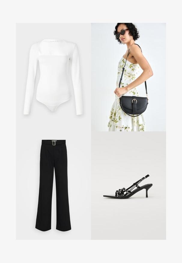 Body à manches longues blanc avec un décolleté carré, fabriqué dans un matériau lisse. Il présente une silhouette ajustée et une fermeture à pression en bas.; Pantalons larges noirs en tissu léger, présentant une texture lisse, des plis avant et une ceinture avec une boucle en métal carrée.; Escarpin noir à talon aiguille avec un bout pointu, présentant plusieurs fines lanières et des accents circulaires sur le devant.; Sac à main en cuir noir avec une forme courbée, bandoulière amovible et des accessoires en or. Le sac est doté d'un rabat avec un détail de boucle.