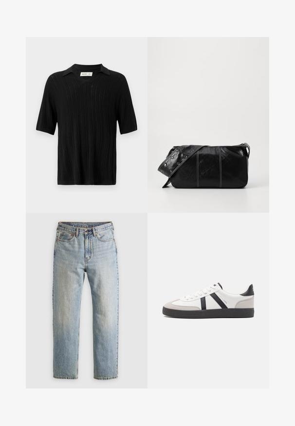 Černá krátká rukávová košile s výstřihem do V a žebrovanou texturou. Obsahuje límec vyrobený z měkkého pleteného materiálu. Hladké okraje.; Svetle modré džíny z denimu s vysokým pasem, předním knoflíkem, zipem a designem s pěti kapsami, ležící rovně na neutrálním pozadí.; Bílé tenisky s černými a šedými akcenty, opatřené texturovaným šedým prstovým krytem, černou gumovou podrážkou a plochými bílými tkaničkami. Čistý design, minimalistický styl.; Černá kožená kabelka přes rameno se zapínáním na zip, s texturovaným tělem, bílým prošíváním a popruhem se stříbrnými očky.