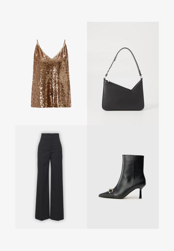 Bronzefarbene Paillettencamisole mit verstellbaren Trägern, V-Ausschnitt und lockerer Passform, die eine schimmernde, strukturierte Oberfläche präsentiert.; Weite Hosen aus schwarzem Stoff mit hohem Bund, die eine saubere Verarbeitung und glatte Textur aufweisen. Keine sichtbaren Beschläge oder Muster.; Schwarze Leder-Stiefelette mit spitzer Zehe, schlankem, mittelhohem Absatz und silberner Schnalle seitlich vor einem schlichten Hintergrund.; Schwarze Lederhandtasche in dreieckiger Form, mit schmalem Tragegurt und silbernem Zubehör. Sie verfügt über einen Reißverschluss und ein geprägtes Logo auf der Vorderseite.