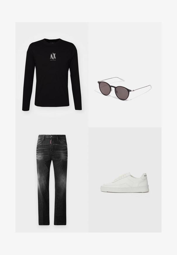 Pikem varrukaga must T-särk, mis on valmistatud puuvillast ja millel on ümmargune kaelus. Rinnaosal on keskel valge logo "A|X". Lihtne disain, minimaalsed aktsendid.; Mustad denim püksid otse lõikega. Omavad kulunud piirkondi, väikseid kahjustusi, klassikalist viit taskut ning nööpkinnitust.; Valge nahast tennis, millel on sile põhi, ümar varvas, lamedad nöörid ja tekstuuriline tall. Sisaldab diskreetset logo kontsaribal.; Mustad mustad prillid tumedate läätsedega ja õhukeste metallist käepidemetega. Kaarja kujuga seljaosa ja hõbedased aktsendid hingel. Minimalistlik disain.