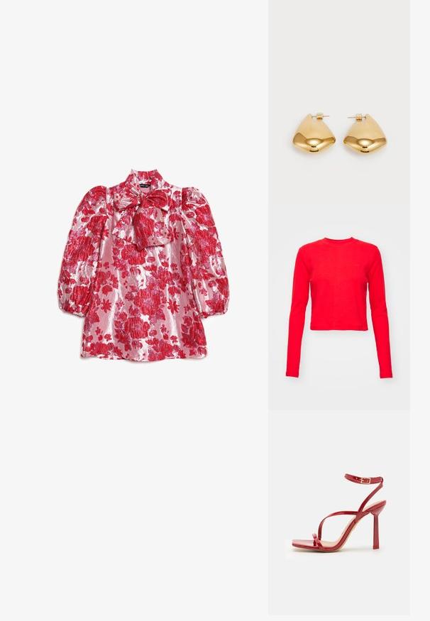 Crop top roșu cu mâneci lungi, dintr-un material texturat, cu decolteu rotund și detalii subtile cu logo pe piept. Finisaj neted și formă ajustată.; Bluza florală roșie cu mâneci bufante, guler înalt și detaliu cu fundă. Confecționată dintr-un material lucios cu un model de flori mari pe un fundal roz.; ALDO SCINTILLA - Sandale cu toc - red; Geantă de umăr din piele roșie cu o textură netedă, design curbat și un accent decorativ sub formă de cataramă. Curea ajustabilă și închidere cu fermoar.; Cercei din metal de culoare aurie, cu o formă triangulară rotunjită și un design cu prindere pe spate; suprafață reflectorizantă cu detalii minime.