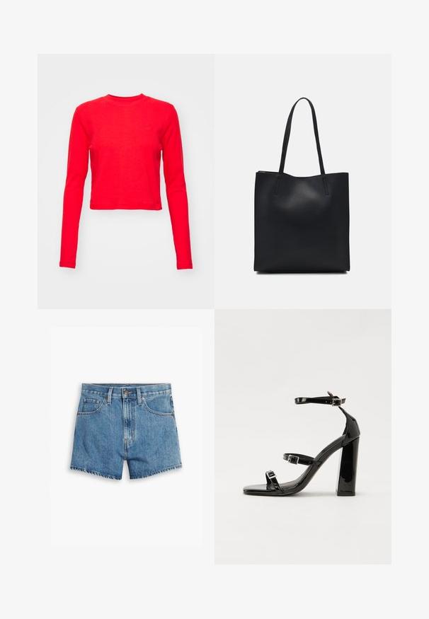 Red long-sleeve crop top with textured fabric, round neckline, and subtle logo detail on the chest. Smooth finish and fitted shape.; Denim shorts in light blue, featuring five pockets, a zip fly, and a button closure. The hem is frayed with a relaxed fit design.; Black patent heeled sandals with a square toe, ankle straps, and silver buckles. Features a chunky block heel for stability.; Black leather tote bag with smooth texture, rectangular shape, and two long handles. No visible hardware or embellishments.