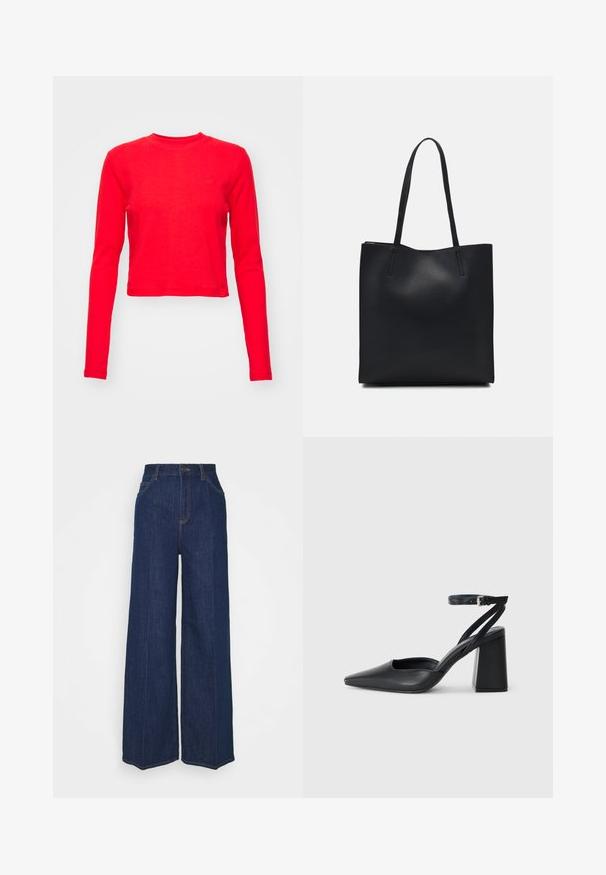 Rotes, langärmliges Croptop aus strukturiertem Stoff, mit rundem Ausschnitt und subtilen Logodetails auf der Brust. Glatte Oberfläche und taillierte Passform.; Dunkelblaue weite Jeans mit hoher Taille, ausgestattet mit Gürtelschlaufen, einem Reißverschluss vorne und dezenten Nähten. Hergestellt aus Denim.; Schwarze Leder-Pumps mit spitzer Zehe, einem Knöchelriemen und einem blockigen Absatz. Flache Textur, elegantes Design und minimalistische Ästhetik.; Schwarze Laptoptasche aus Leder mit glatter Textur, rechteckiger Form und zwei langen Griffen. Keine sichtbaren Beschläge oder Verzierungen.