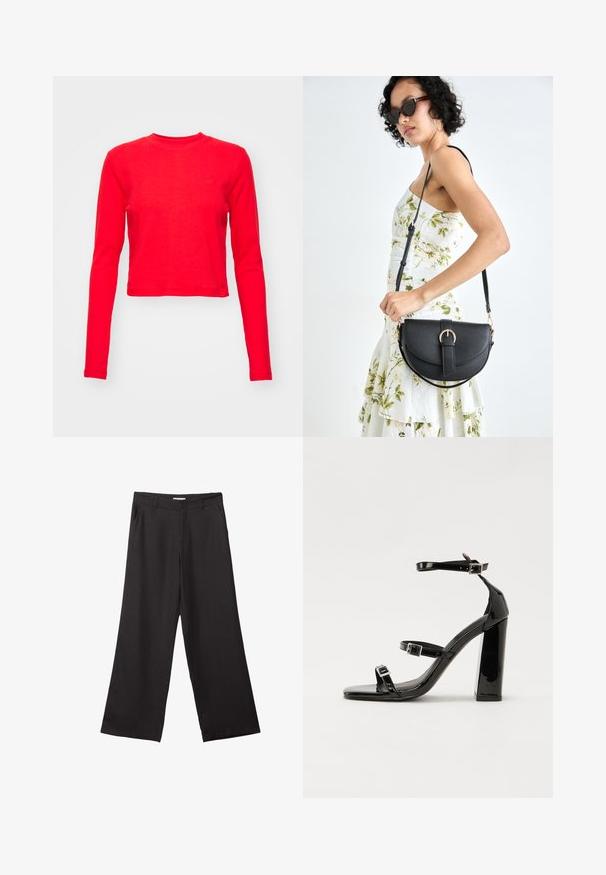 Rød langærmet crop top med tekstureret stof, rund halsudskæring og diskret logo-detajle på brystet. Glat finish og tætsiddende pasform.; Sorte bukser med vidde, lavet af glat stof, med en frontlynlås og to sidelommer, i en skræddersyet pasform og minimalistisk design.; Sorte patenterede hælsandaler med firkantet tå, ankelremme og sølvspænder. Har en chunky blokHæl for stabilitet.; Sort læderhåndtaske med en buet form, aftagelig rem og guldfinish. Tasken har en klap med en spænde detalje.