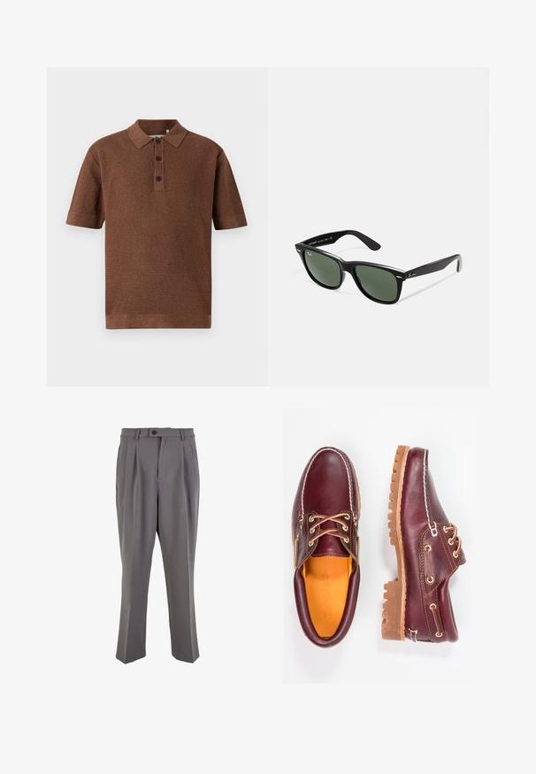 Brun strikket polo med teksturert mønster, korte ermer, placket med tre knapper, samt ribbestrikket krage og kant.; Grå plisserte bukser laget av glatt stoff, med rett snitt, en enkelt knappelukking og beltehemper. Minimalistisk design.; Burgunderrøde lærsko med brune gummisåler, rund tå, hvide syninger og gyldne snørehuller. Indvendig har de en gul foring.; Sorte plast-solbriller med grønne linser, firkantede rammer, sølvdetalje på brynene, og teksturerte stangarmen. Angitt merke på indre arm.
